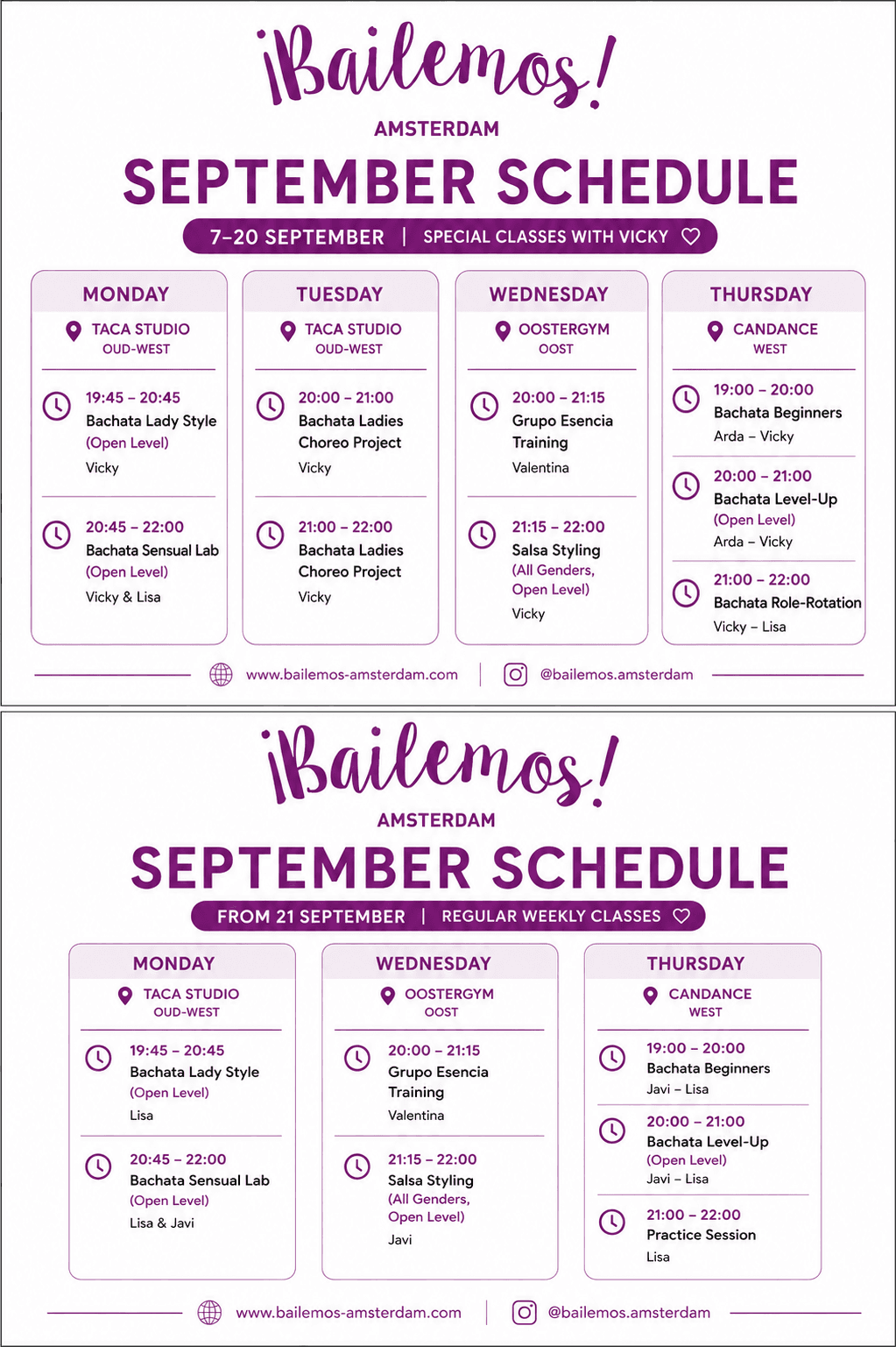 Bailemos Amsterdam weekly dance class schedule